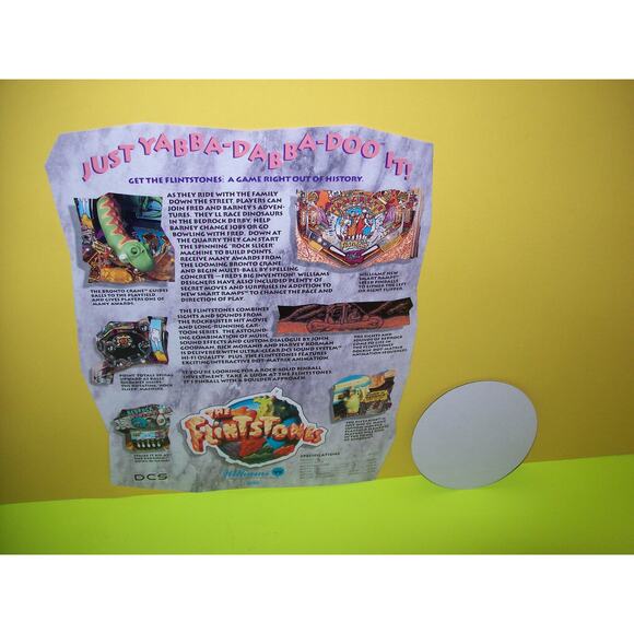 The Flintstones Pinball FLYER and Promo Plastic Coaster Disc Original NOS 1995 - Picture 2 of 2